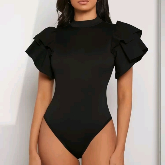 Mock Neck Exaggerated Ruffle Trim Bodysuit - Picture 4 of 4
